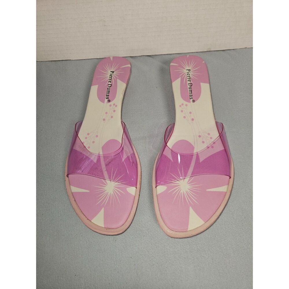 Vintage Pierre Dumas Pink Clear Vinyl Strap Kitten Heel Slide Sandals Size 8